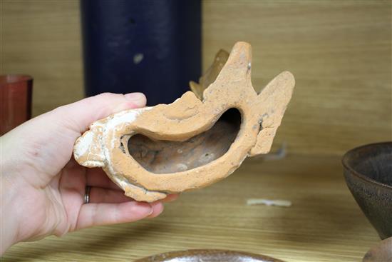 Chinese Sung/Yuan brown glazed bowls and an inscribed Jian hares fur teabowl and a Han dynasty pottery dog (4)